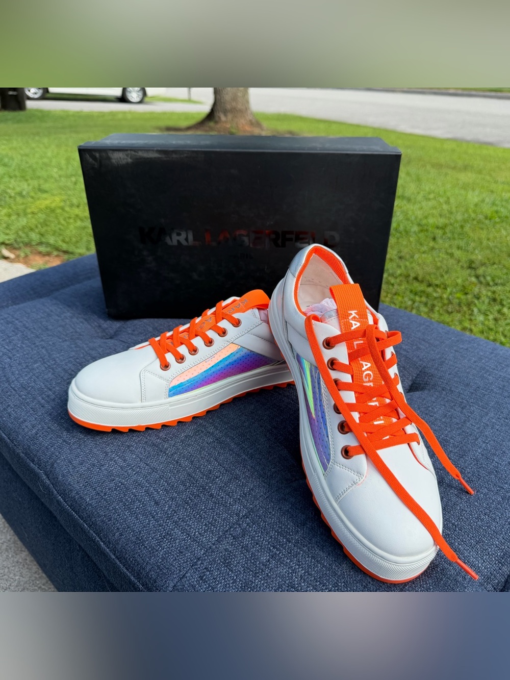 Karl Lagerfeld White Sneakers with Iridescent Panels & Orange Accents